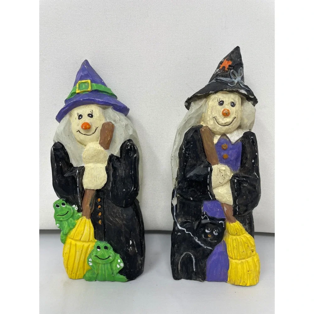 Hermitage pottery Halloween Decor Witch Figurines w/‎ Frog Cat Broom - Set of 2